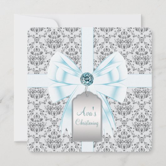 ティール（緑がかった色）ブルーダマスクベビーバプテスマ《キリスト教》洗礼式や命名式 招待状 (正面)