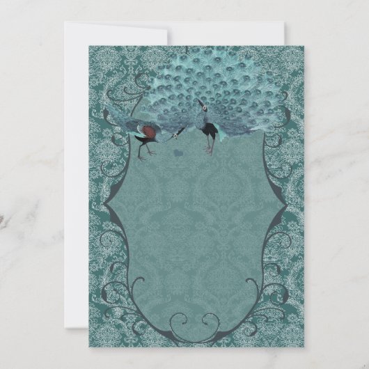 ティール（緑がかった色）ブルーダマスクヴィンテージ孔雀結婚ズ 招待状 (裏面)