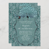 ティール（緑がかった色）ブルーダマスクヴィンテージ孔雀結婚ズ 招待状 (正面/裏面)