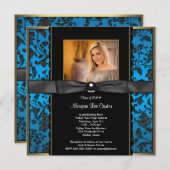 ティール(緑がかった色)ブルーダマスク写真卒業発表 招待状 (正面/裏面)