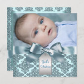 ティール(緑がかった色)ブルーダマスク男の赤ちゃんフォト《キリスト教》洗礼式や命名式 招待状 (正面/裏面)