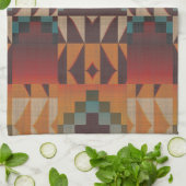 ティール（緑がかった色）ブルーダークレッドベージュブラウンオレンジトライバルアート キッチンタオル (折り畳み)