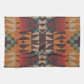 ティール（緑がかった色）ブルーダークレッドベージュブラウンオレンジトライバルアート キッチンタオル (横)