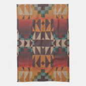 ティール（緑がかった色）ブルーダークレッドベージュブラウンオレンジトライバルアート キッチンタオル (縦)