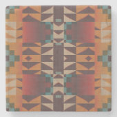 ティール(緑がかった色)ブルーダークレッドベージュブラウンオレンジトライバルアート ストーンコースター (正面)