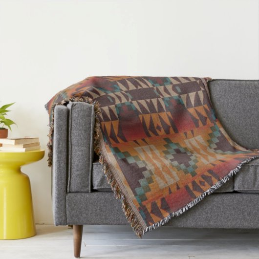 ティール（緑がかった色）ブルーダークレッドベージュブラウンオレンジトライバルアート スローブランケット