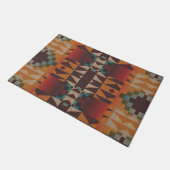 ティール（緑がかった色）ブルーダークレッドベージュブラウンオレンジトライバルアート ドアマット (アングル)