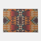 ティール（緑がかった色）ブルーダークレッドベージュブラウンオレンジトライバルアート ドアマット (正面)