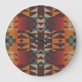 ティール(緑がかった色)ブルーダークレッドベージュブラウンオレンジトライバルアート ラージ壁時計 (正面)