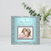 ティール(緑がかった色)ブルーツインズ写真第1聖餐式 招待状 (スタンド正面)