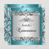 ティール（緑がかった色）ブルーティアラキンセアニェラ15誕生日 招待状 (正面/裏面)