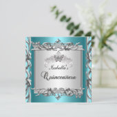 ティール（緑がかった色）ブルーティアラキンセアニェラ15誕生日 招待状 (スタンド正面)