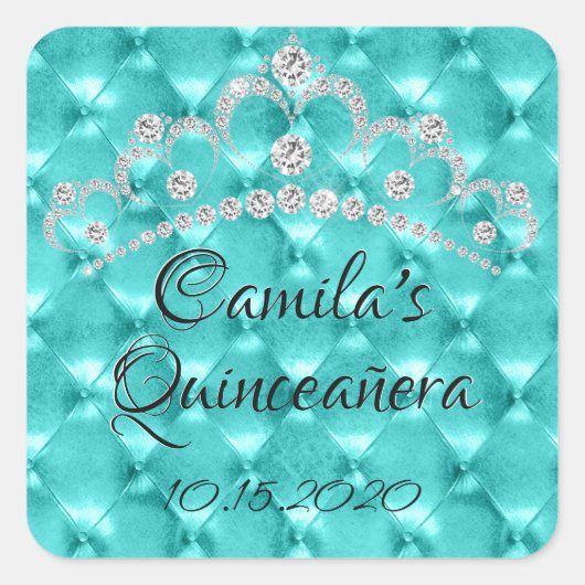 ティール(緑がかった色)ブルーティアラキンセニェラお祝い スクエアシール (正面)