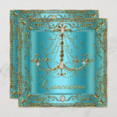 ティール(緑がかった色)ブルーティアラ金ゴールドキンセアニェラ15th誕生日 招待状 (正面/裏面)