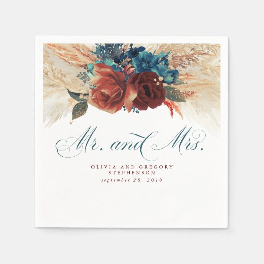 ティール（緑がかった色）ブルーテラコッタフローラパンパスグラス結婚ズ スタンダードカクテルナプキン (正面)