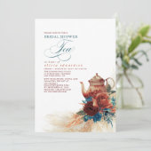 ティール（緑がかった色）ブルーテラコッタフローラブライダルシャワー茶 招待状 (スタンド正面)