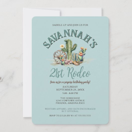 ティール（緑がかった色）ブルーデザート女性のカーボーイロデオバースデーパーティー 招待状 (正面)