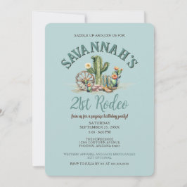 ティール（緑がかった色）ブルーデザート女性のカーボーイロデオバースデーパーティー 招待状