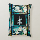 ティール(緑がかった色)ブルードルフィンルックオブステンドグラス アクセントクッション (裏面(縦))