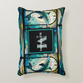 ティール(緑がかった色)ブルードルフィンルックオブステンドグラス アクセントクッション (正面(垂直))