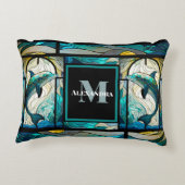 ティール(緑がかった色)ブルードルフィンルックオブステンドグラス アクセントクッション (裏面)