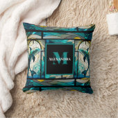 ティール(緑がかった色)ブルードルフィンルックオブステンドグラス クッション (ブランケット)