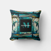 ティール(緑がかった色)ブルードルフィンルックオブステンドグラス クッション (正面)