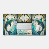 ティール(緑がかった色)ブルードルフィンルックオブステンドグラス デスクマット (キーボード&マウス)