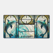 ティール（緑がかった色）ブルードルフィンルックオブステンドグラス デスクマット (正面)