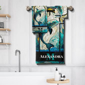 ティール(緑がかった色)ブルードルフィンルックオブステンドグラス バスタオルセット