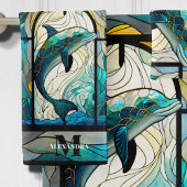 ティール(緑がかった色)ブルードルフィンルックオブステンドグラス バスタオルセット