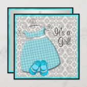 ティール（緑がかった色）ブルードレスシューズティール（緑がかった色）ダマスクベビーガールシャワー 招待状 (正面/裏面)