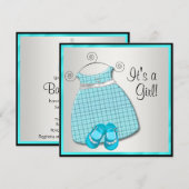 ティール（緑がかった色）ブルードレスシューズティール（緑がかった色）ブルーベビーガールシャワー 招待状 (正面/裏面)