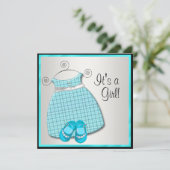 ティール（緑がかった色）ブルードレスシューズティール（緑がかった色）ブルーベビーガールシャワー 招待状 (スタンド正面)