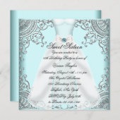 ティール（緑がかった色）ブルードレスティール（緑がかった色）スウィート16バースデーパーティー 招待状 (正面/裏面)