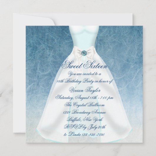 ティール（緑がかった色）ブルードレスティール（緑がかった色）Sweet sixteen誕生日パーティ 招待状 (正面)