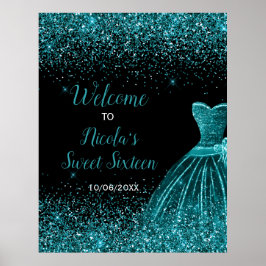 ティール（緑がかった色）ブルードレスフェイクグリッタースウィート16ウェルカム ポスター