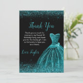 ティール（緑がかった色）ブルードレスフェイクグリッタースウィート16誕生日 サンキューカード (スタンド正面)
