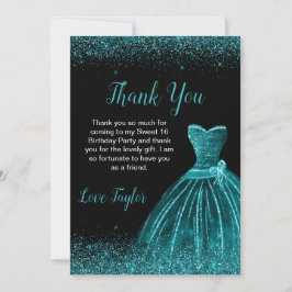 ティール（緑がかった色）ブルードレスフェイクグリッタースウィート16誕生日 サンキューカード