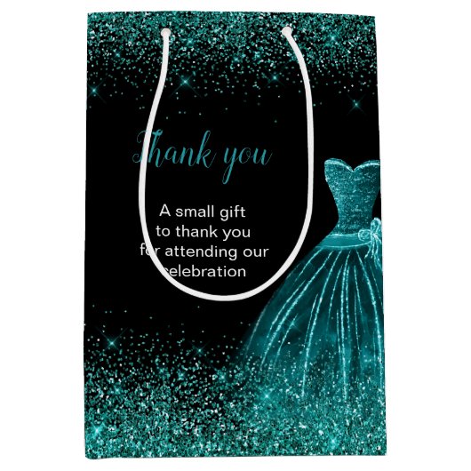 ティール（緑がかった色）ブルードレスフェイクグリッタースウィート16誕生日 ミディアムペーパーバッグ (正面)