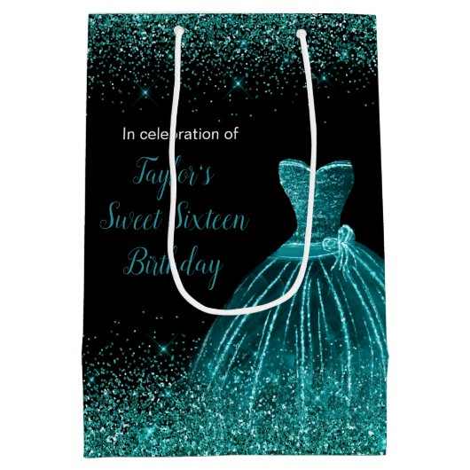 ティール（緑がかった色）ブルードレスフェイクグリッタースウィート16誕生日 ミディアムペーパーバッグ (裏面)