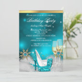 ティール（緑がかった色）ブルーハイヒールシューズシルバー金ゴールドシャンパン 招待状 (スタンド正面)