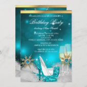 ティール（緑がかった色）ブルーハイヒールシューズシルバー金ゴールドシャンパン 招待状 (正面/裏面)