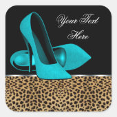 ティール（緑がかった色）ブルーハイヒールシューズヒョウ スクエアシール (正面)