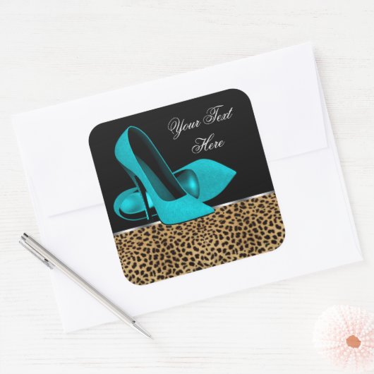 ティール（緑がかった色）ブルーハイヒールシューズヒョウ スクエアシール (封筒)