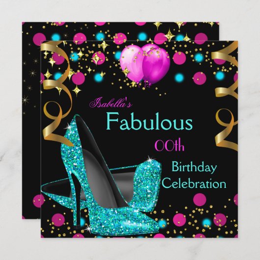 ティール（緑がかった色）ブルーハイヒールシューズホットピンクバースデーパーティー 招待状 (正面/裏面)