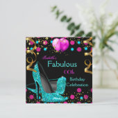 ティール(緑がかった色)ブルーハイヒールシューズホットピンクバースデーパーティー 招待状 (スタンド正面)