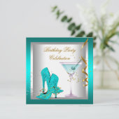 ティール（緑がかった色）ブルーハイヒールシューズ金ゴールド誕生日パーティー 招待状 (スタンド正面)