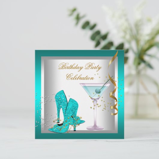 ティール（緑がかった色）ブルーハイヒールシューズ金ゴールド誕生日パーティー 招待状 (スタンド正面)