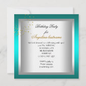 ティール（緑がかった色）ブルーハイヒールシューズ金ゴールド誕生日パーティー 招待状 (裏面)